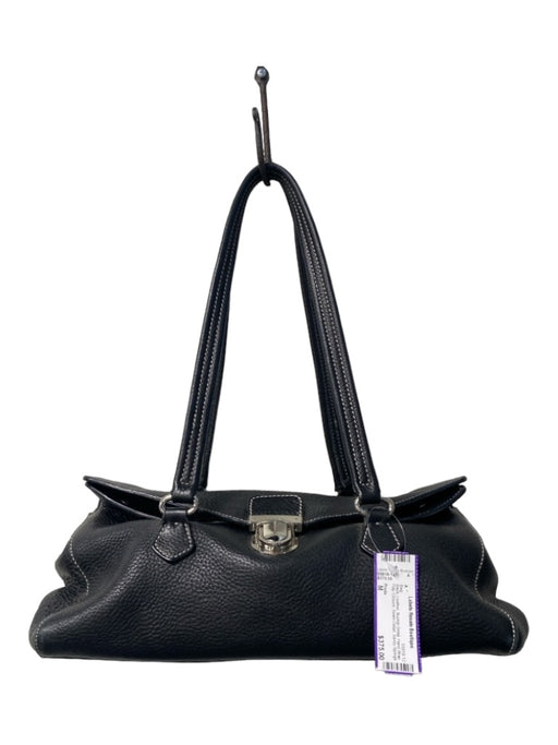 Prada Black Leather Buckle Detail Hand Strap Flap Closure Seam Detail Bag Black / M