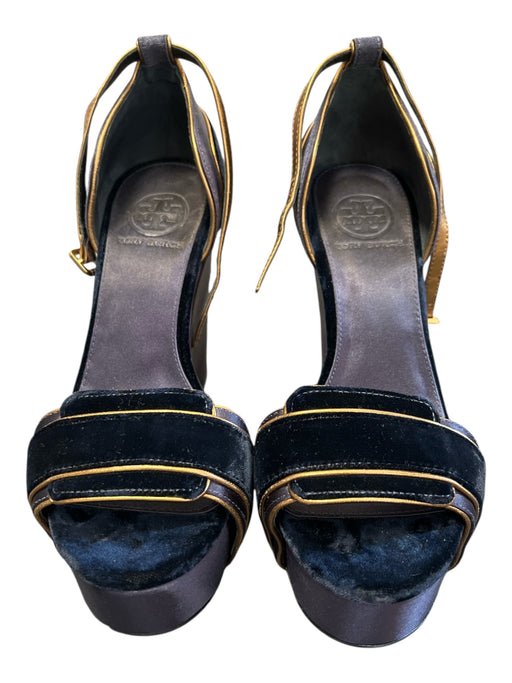 Tory Burch Shoe Size 7 Navy Blue Satin Wedge Gold Accent Velvet Shoes Navy Blue / 7