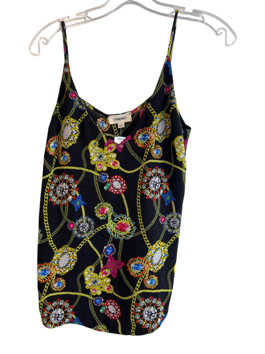 L'agence Size Small Black & Multi Silk Spaghetti Strap V Neck Pattern Top Black & Multi / Small