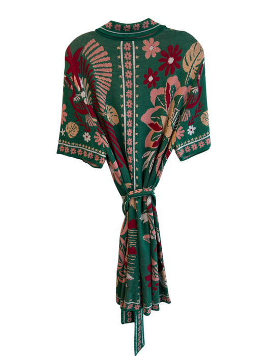 Farm Rio Size Small Green & Multi Viscose Front Button Belt Short Sleeve Dress Green & Multi / Small