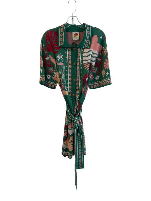 Farm Rio Size Small Green & Multi Viscose Front Button Belt Short Sleeve Dress Green & Multi / Small