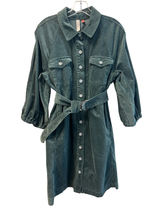 Pilcro Size 6 Teal Green Cotton Blend Corduroy Belt Front Button Ribbed Dress Teal Green / 6