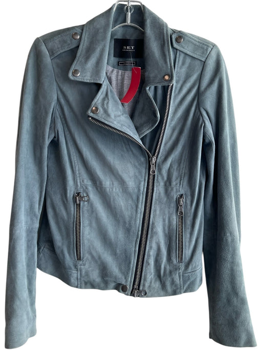 Set Urban Deluxe Size 4 Blue Gray Leather Double Zip Motorcycle Jacket Jacket Blue Gray / 4