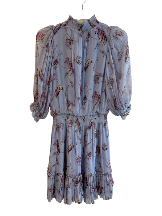 Joie Size S Light Blue Silk Sheer Overlay High Ruffle Neck V Neck Dress Light Blue / S