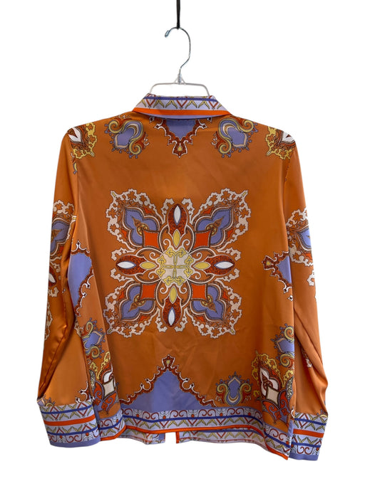 Rachel Zoe Size M Orange & Multi Polyester Blend Satin Collared Button Up Top Orange & Multi / M