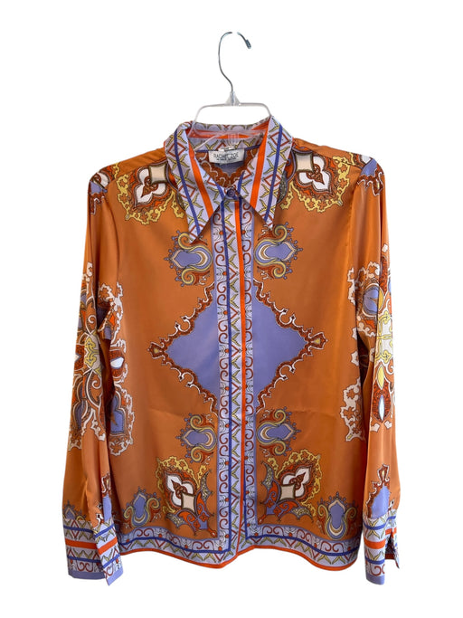 Rachel Zoe Size M Orange & Multi Polyester Blend Satin Collared Button Up Top Orange & Multi / M