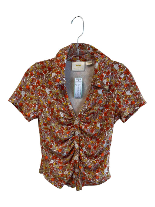 Maeve Size S Orange & Multi Cotton Collared Button Up Cap Sleeve Fruit Print Top Orange & Multi / S