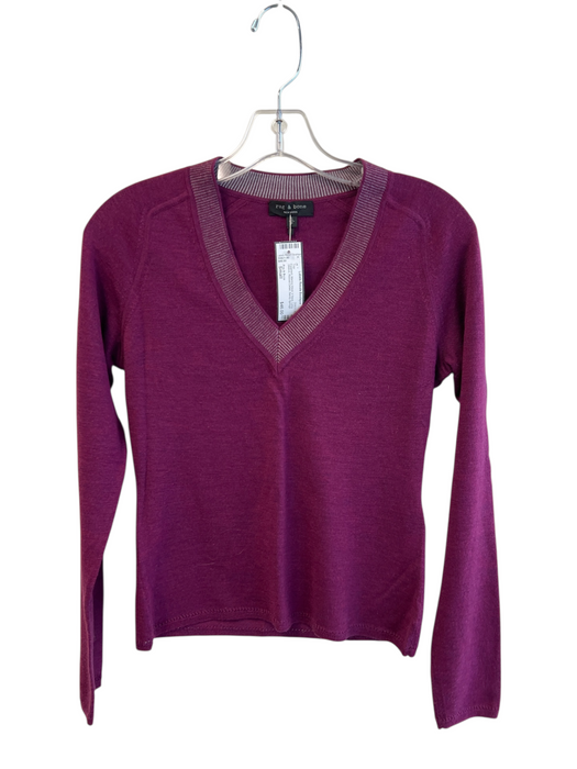 Rag & Bone Size Small Eggplant Merino Wool V Neck Long Sleeve Ribbed Detail Top Eggplant / Small