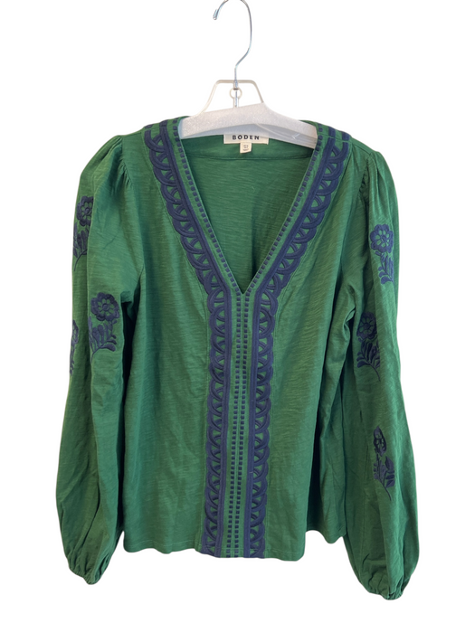 Boden Size 6 Green & Navy Cotton Long Sleeve Embroidered V Neck Top Green & Navy / 6