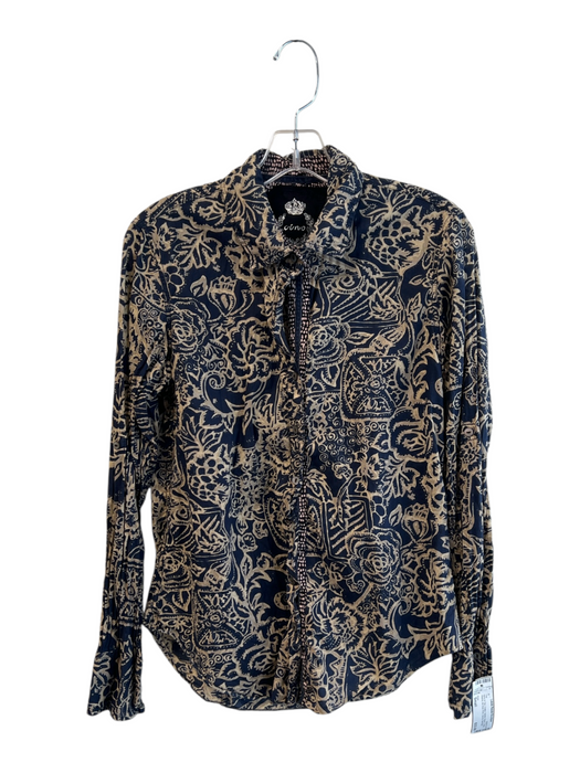 Cino Size Small Navy & Tan Cotton Button Down Long Sleeve All Over Print Top Navy & Tan / Small