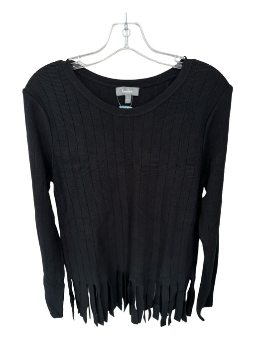 Neiman Marcus Size L Black Rayon Long Sleeve Ribbed Fringe Sweater Black / L