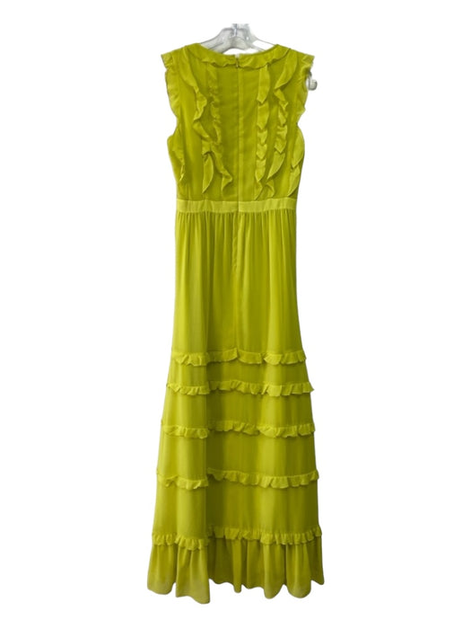 Badgley Mischka Size 2 Neon Green Polyester V Neck Ruffle Sleeveless Maxi Dress Neon Green / 2