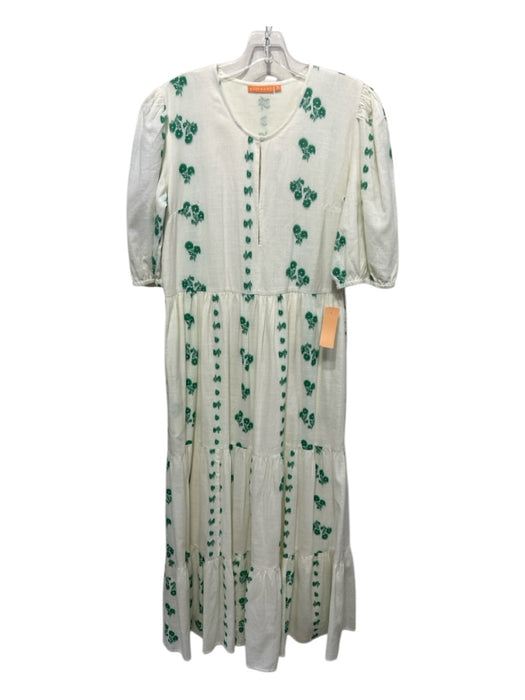 Oliphant Size Small Green & White Cotton Blend Half Puff Sleeve Maxi Dress Green & White / Small