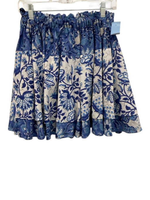 Charina Sarte Size L Blue & White Cotton Elastic Waist Floral Tiered Mini Skirt Blue & White / L