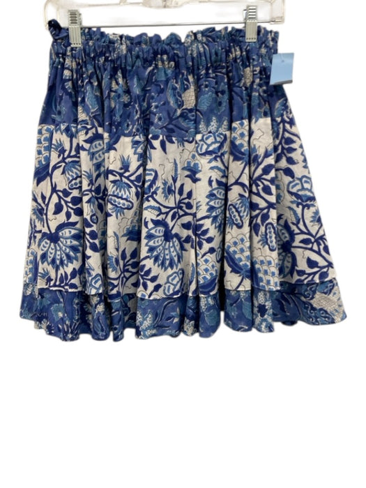 Charina Sarte Size L Blue & White Cotton Elastic Waist Floral Tiered Mini Skirt Blue & White / L