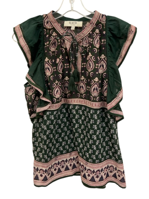 Sea New York Size 6 Green, Red, White Cotton Blend Flutter Cap sleeve V Neck Top Green, Red, White / 6
