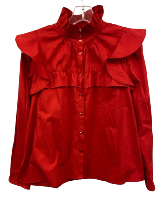 Tuckernuck Size S Red Cotton Long Sleeve Ruffle Detail Snap Button Top Red / S