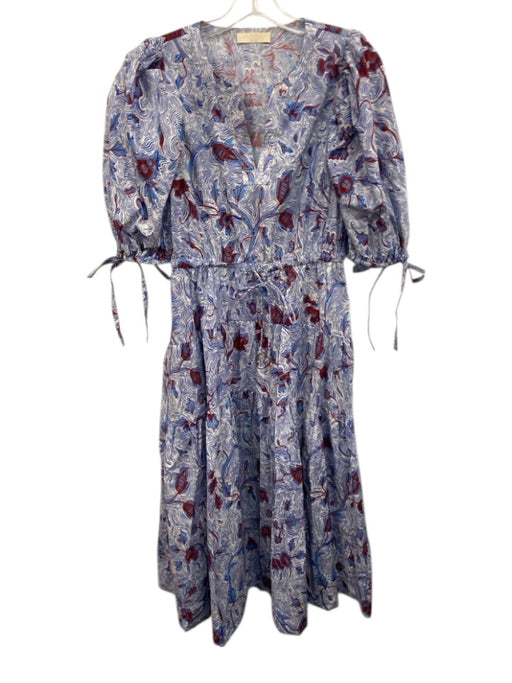 Ulla Johnson Size 6 Blue, Red, White Cotton Half Balloon Sleeve Midi Dress Blue, Red, White / 6