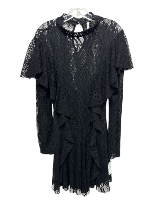 Free People Size M Black Missing Fabric Crochet Ruffle Detail Long Sleeve Dress Black / M