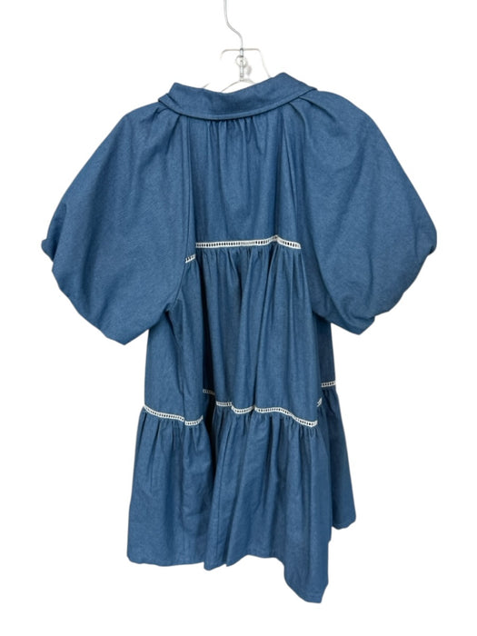 En Saison Size M Blue & White Cotton Short Balloon Sleeve Lace Detail Dress Blue & White / M