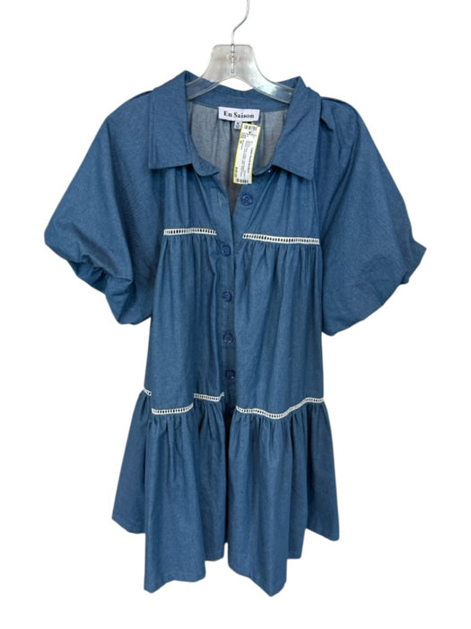 En Saison Size M Blue & White Cotton Short Balloon Sleeve Lace Detail Dress Blue & White / M