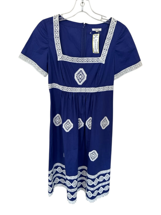 Tyler Boe Size 4 Blue & White Cotton Short Sleeve Lace Detail Square Neck Dress Blue & White / 4