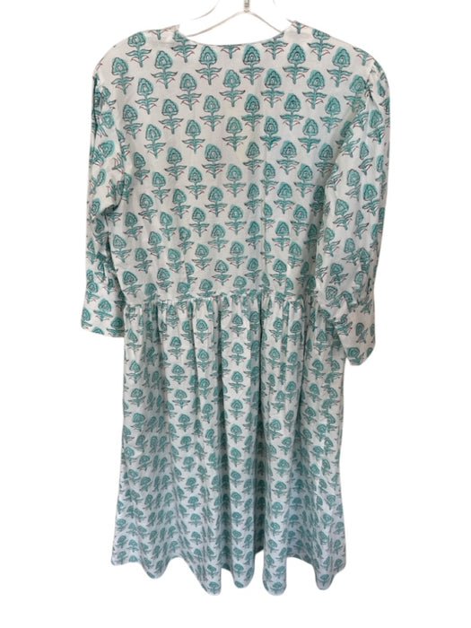 Livro Size M Aqua & Brown Cotton Long Sleeve Flowers V Neck Maxi Dress Aqua & Brown / M