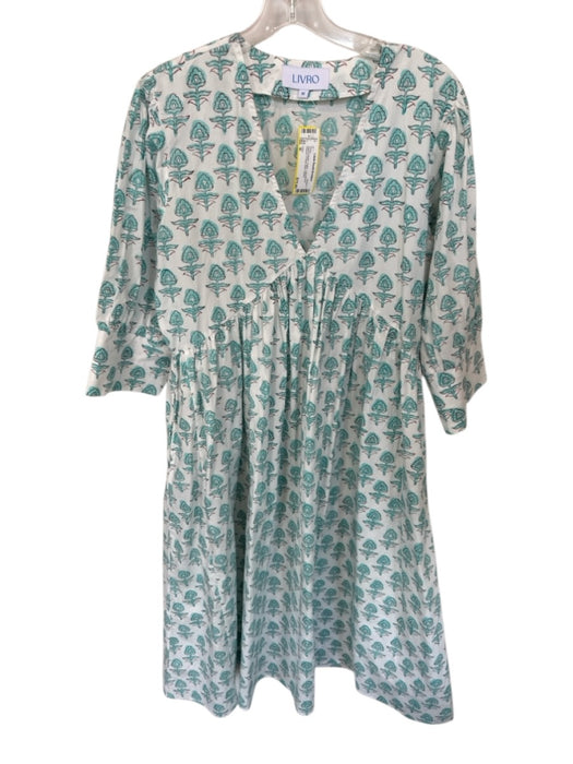Livro Size M Aqua & Brown Cotton Long Sleeve Flowers V Neck Maxi Dress Aqua & Brown / M