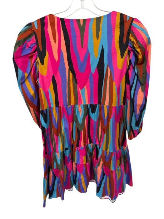 Crosby Size S Pink & Multi Cotton Blend Long Balloon Sleeve Lines V Neck Dress Pink & Multi / S