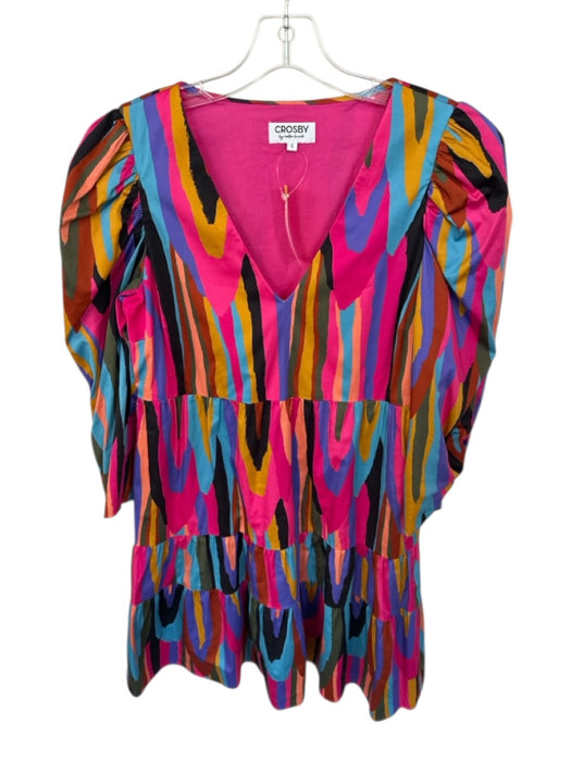 Crosby Size S Pink & Multi Cotton Blend Long Balloon Sleeve Lines V Neck Dress Pink & Multi / S