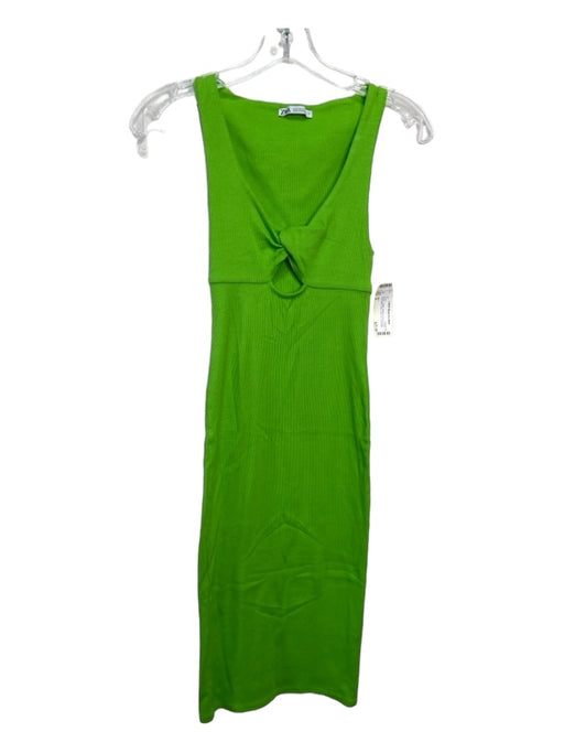 Zara Size S Green Cotton Ribbed Front Cut Out Sleeveless Midi Dress Green / S