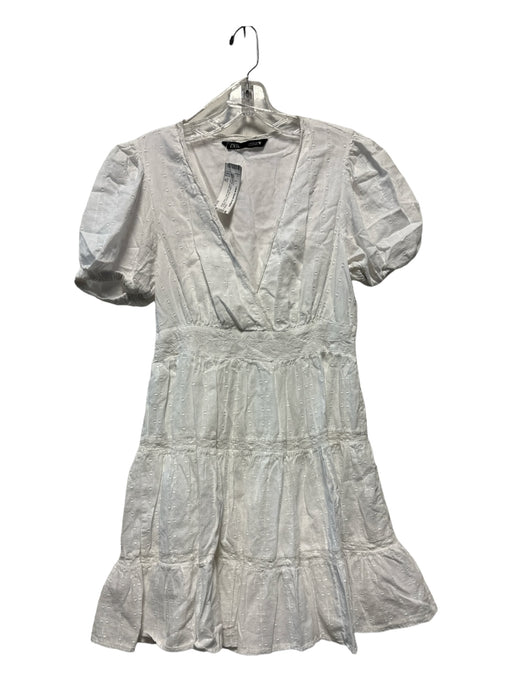 Zara Size M White Cotton Short Sleeve Textured Lace Detail Baby Doll Dress White / M