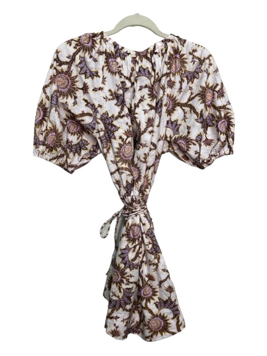 A.L.C. Size 12 WHite Purple Beige Cotton Floral Puff 1/2 Sleeve Dress WHite Purple Beige / 12