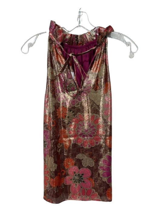 Trina Turk Size S Pink & Multi Silk Metallic Thread Ruffle Neckline Floral Top Pink & Multi / S