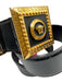 Versace Black & Gold Tone Leather Patent Logo Square Buckle Peg Buckle Belts Black & Gold Tone / 80/32