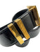 Versace Black & Gold Tone Leather Patent Logo Square Buckle Peg Buckle Belts Black & Gold Tone / 80/32
