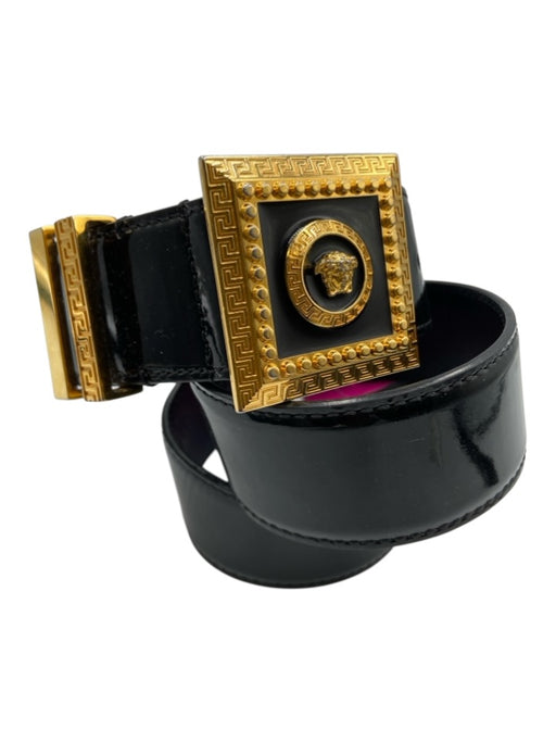 Versace Black & Gold Tone Leather Patent Logo Square Buckle Peg Buckle Belts Black & Gold Tone / 80/32