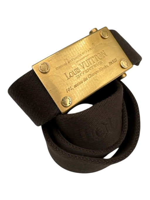 Louis Vuitton Brown & Gold Tone Cloth & Leather Logo Slide Closure Belts Brown & Gold Tone / 85/34