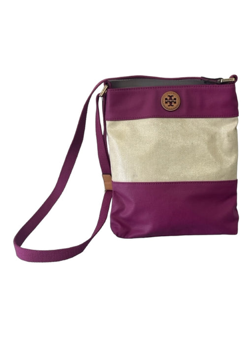 Tory Burch Beige & Purple Canvas Crossbody Colorblock Top Zip Pouch Bag Beige & Purple / S