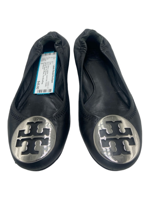 Tory Burch Shoe Size 5 Black Leather round toe Elastic Silver Logo Flats Black / 5