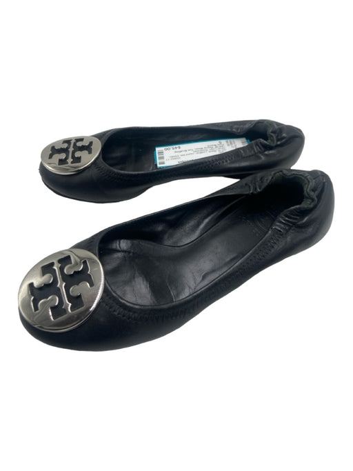 Tory Burch Shoe Size 5 Black Leather round toe Elastic Silver Logo Flats Black / 5