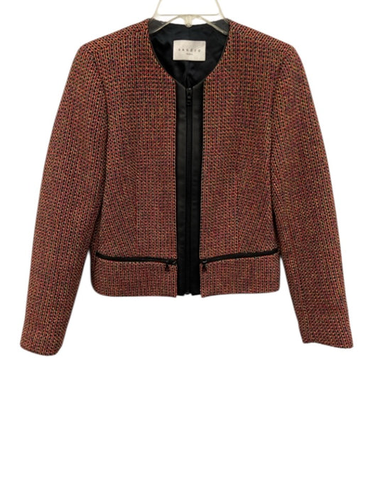 Sandro Size 36/S Red & Multi Cotton Blend Shimmer Zip Up Zip Pocket Tweed Jacket Red & Multi / 36/S