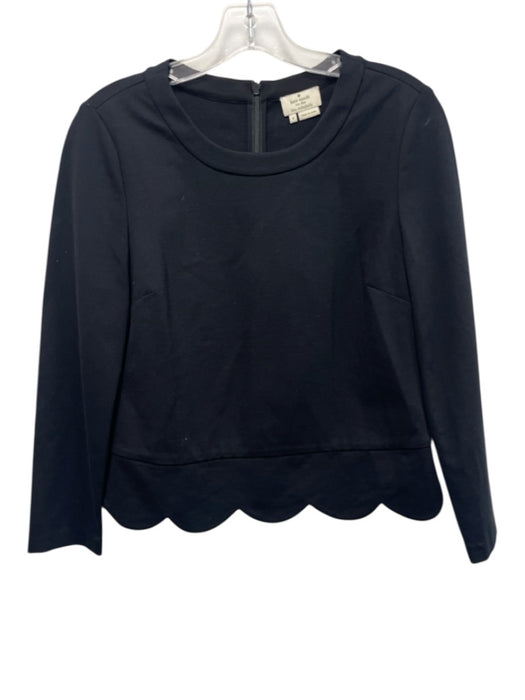 Kate Spade Size 4 Black Viscose & Polyamide Back Zip Long Sleeve Scallop Hem Top Black / 4