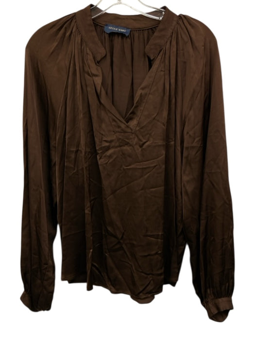 Cecile Wang Size Est S/M Brown Viscose & Silk Satin Split V neckline Flowy Top Brown / Est S/M