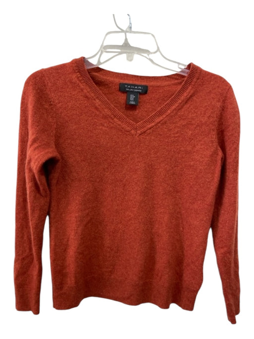 Tahari Size M Burnt Orange Cashmere V Neck Ribbed Detail Long Sleeve Sweater Burnt Orange / M