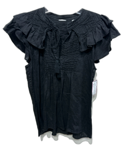 Elie Tahari Size S Black Linen Pintuck Tassel Tie Detail Ruffle Cap Sleeve Top Black / S