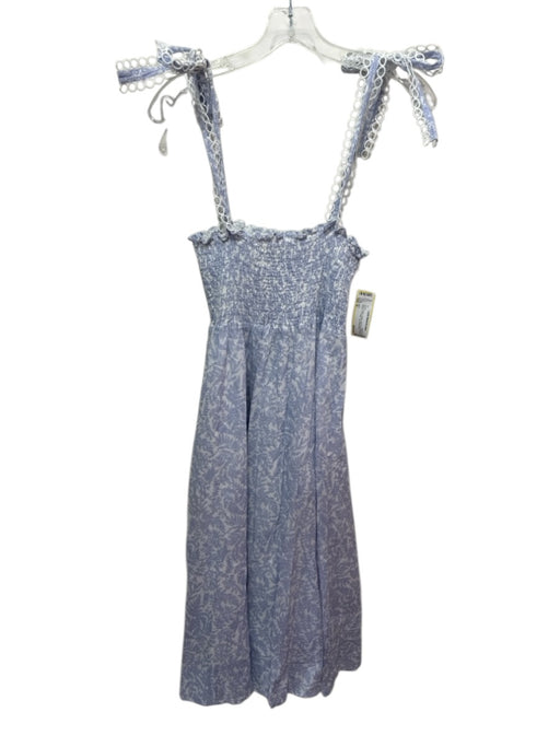O.P.T. Size M Blue & White Cotton Leaf Print Smocked Bodice Tie Strap Dress Blue & White / M