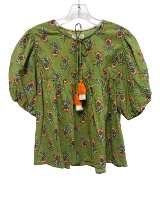 THML Size M Green Multi Cotton V Neck Puff Sleeve Printed Tassel Ties Top Green Multi / M