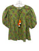 THML Size M Green Multi Cotton V Neck Puff Sleeve Printed Tassel Ties Top Green Multi / M