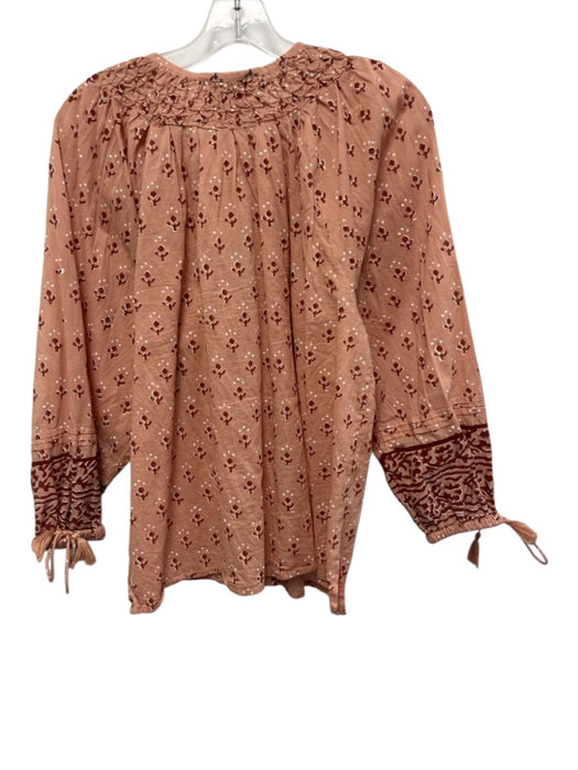 Cleobella Size S Muted Pink Cotton Button Front Printed Tassel Tie neck Top Muted Pink / S